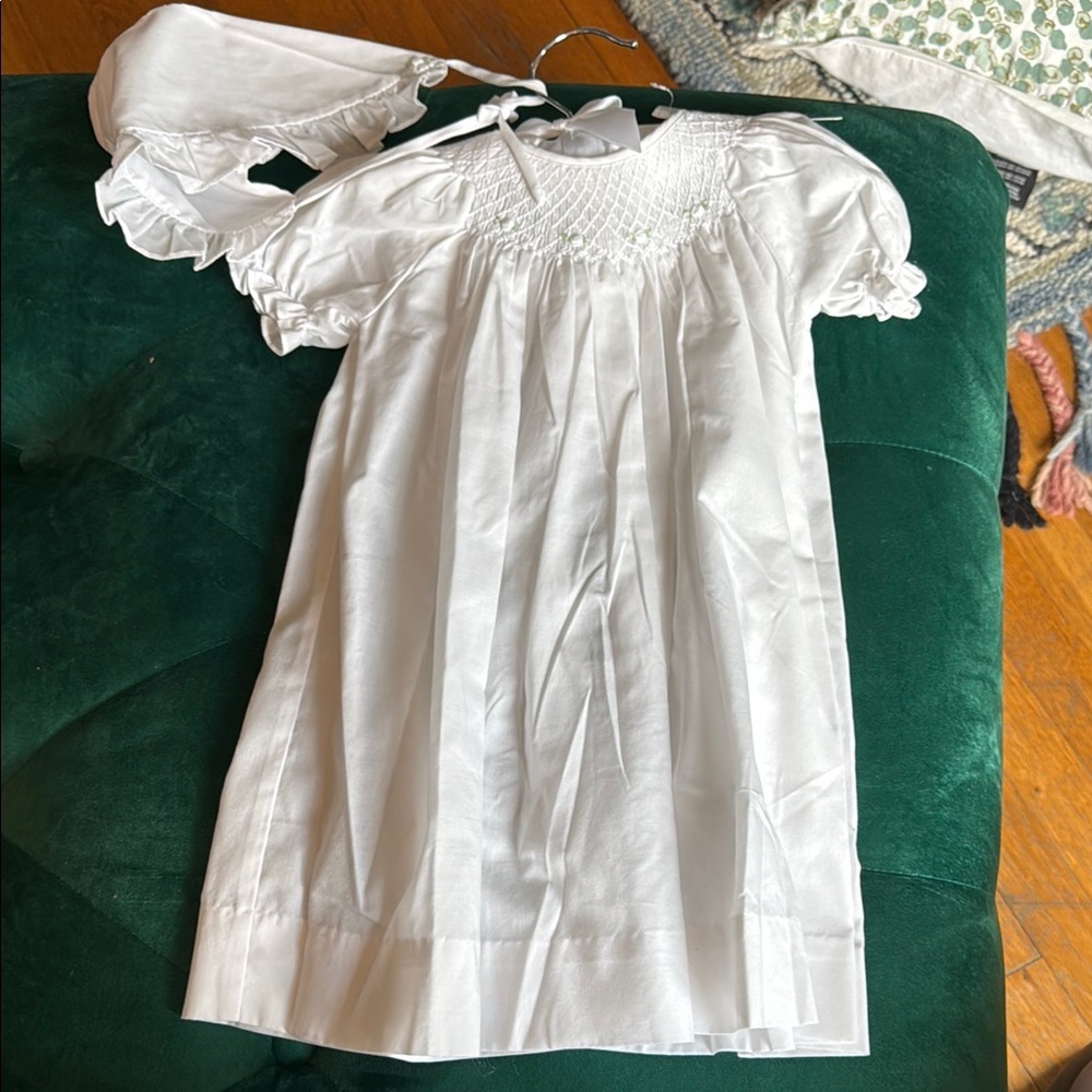 Petit Ami White Daygown & Bonnet Set with Delicate Smocking